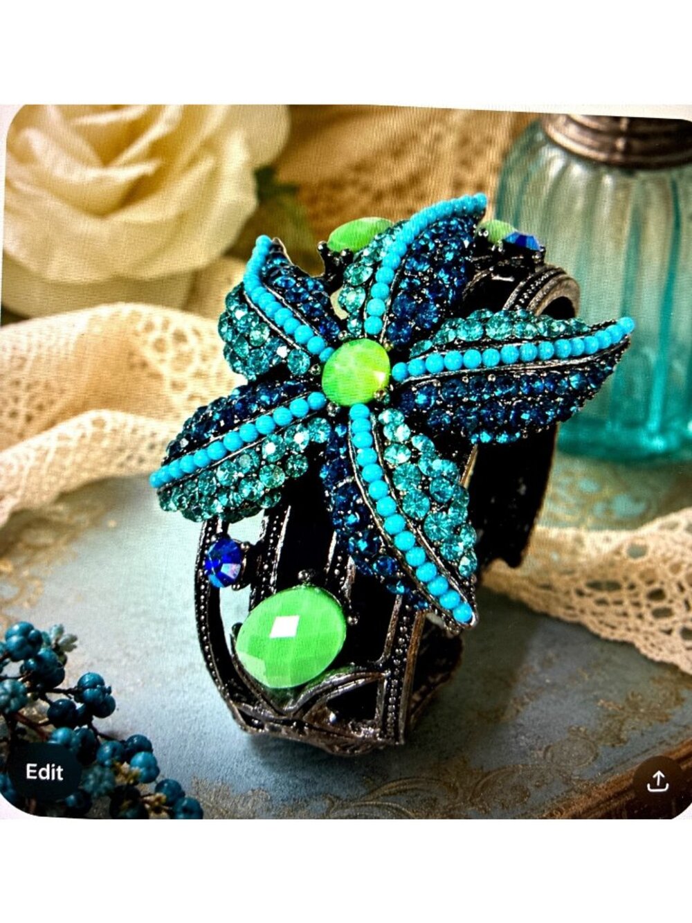 Blue Aqua Rhinestone Floral Clamper Bracelet Green Cabochon Statement Cuff